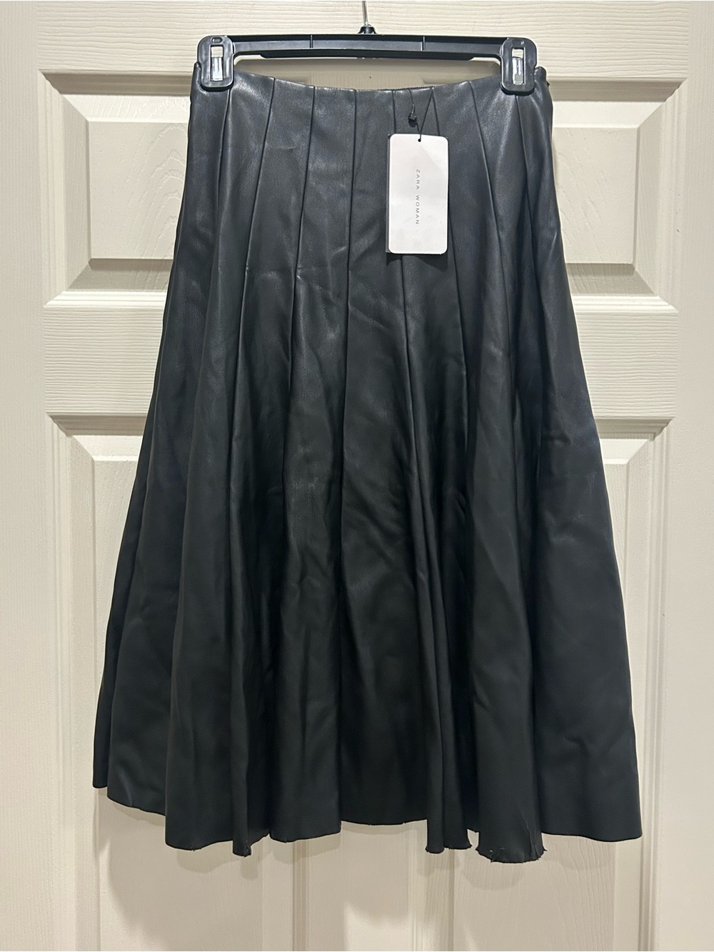Zara Black Faux Leather Pleated A-Line Midi Skirt
